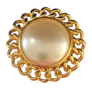 Vintage KJL Kenneth Jay Lane Pearl & Gold Chain Link Brooch Pin Statement Jewelr